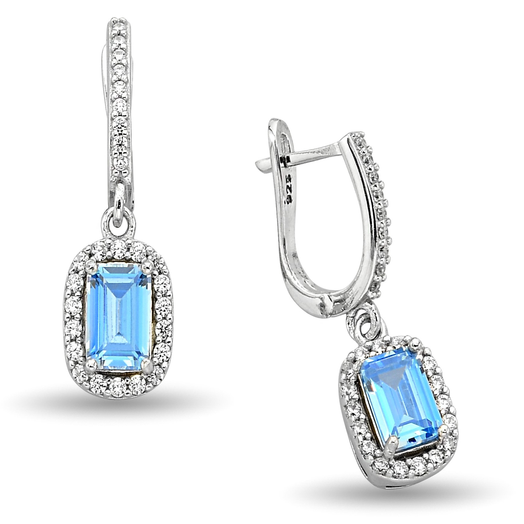BLUE RECTANGULAR HANGING ZIRCON EARRINGS