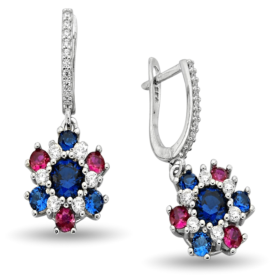 BLUE RED FLOWER HANGING ZIRCON EARRINGS